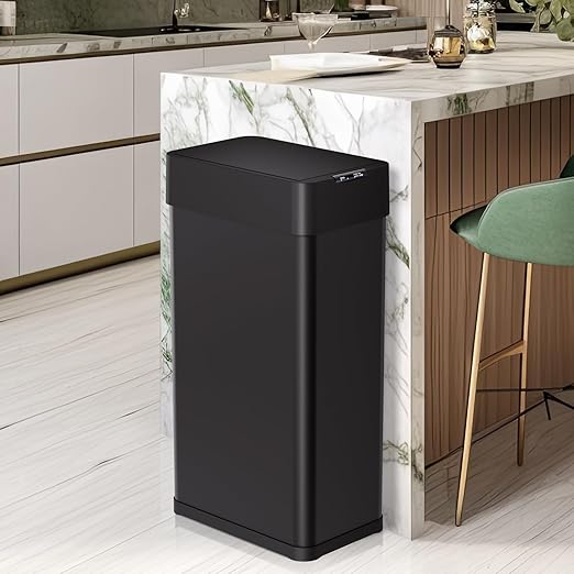 Arlopu 21.1 Gal Automatic Trash Can, 80L Stainless Steel Motion Sensor Garbage Bin, Touchless Brushed Wastebasket, W/Butterfly, Soft-Close Lid, for Living, Dinning Room, Kitchen (Black)