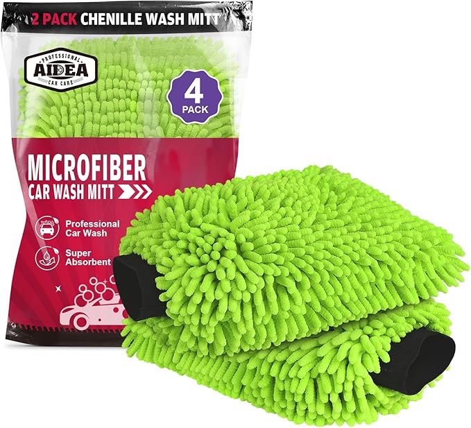 AIDEA Car Wash Mitt Microfiber, 4PK Scratch Free Lint-Free, Premium Chenille Microfiber Mitt Car Wash Brush, Green, Regular Size 7.12''X10.14''