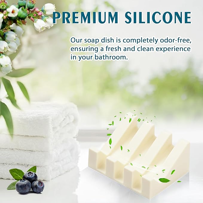 Silicone Soap Dish with Drain, Upgrade Double Suction Cups at The Bottom for Anti-Slip and Stability, Soap Dish Shower Waterfall Bar Soap Holder Tray with Drain Soap Holder (3, CreamWhite)