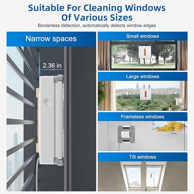 Window Cleaning Robot, 3000Pa Auto Automatic anti-slip system, Three intelligent cleaning path modes Ultrasonic automatic dual-direction water spray system Cleans glass, tiles, marble, and wood panels