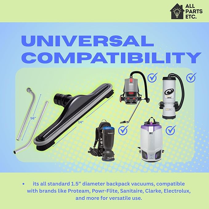 1.5 or 1 1/2 inch Backpack Vacuum Accessories Cleaning Kit - Includes 2-Piece Aluminum S-Wand & 14" Wide Replacement Floor Brush - Compatible with Pro-Team, Powr-flite, and more