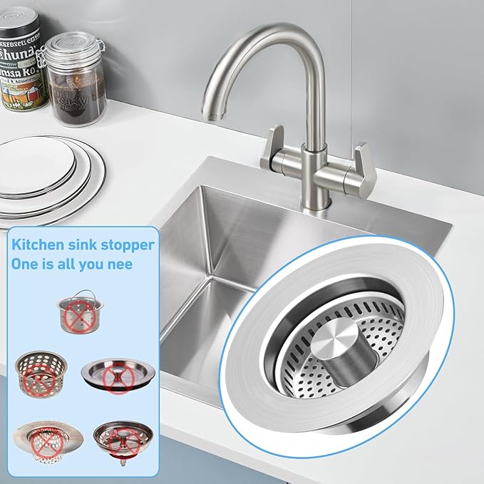 3-in-1 Kitchen Sink Drain Strainer & Stopper, Stainless Steel Food Catcher Plug with Filter Basket, Fits 3-1/2 Inch Drain Hole, Universal Sink Protector Cover, Anti-Clogging, Silver - 2Pack