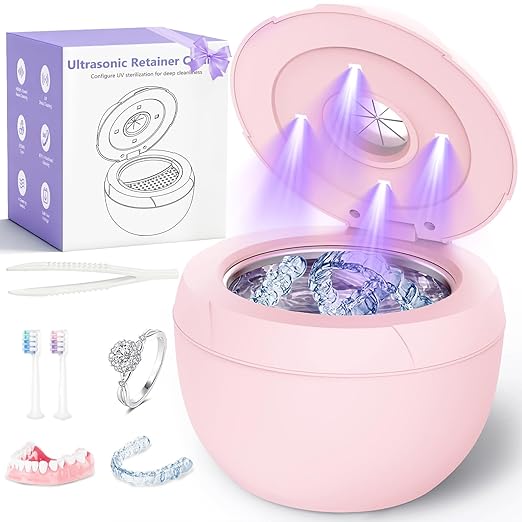 Ultrasonic Retainer Cleaner Machine 45khz Cleaning Pod for Denture Cleaner 200ml Mouth Guard, Aligner, Night Guard, Jewelry, 4 Cleaning Modes Digital Timer, Gifts for Women, Christmas Gifts, Pink