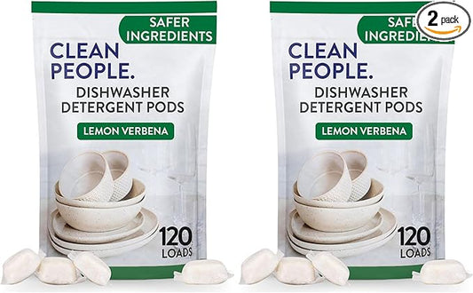 The Clean People Dishwasher Pods - Cuts Grease & Rinses Sparkling Clean - Residue-Free - Phosphate Free Dishwashing Pods (120 Count, Lemon Verbena) (Pack of 2)