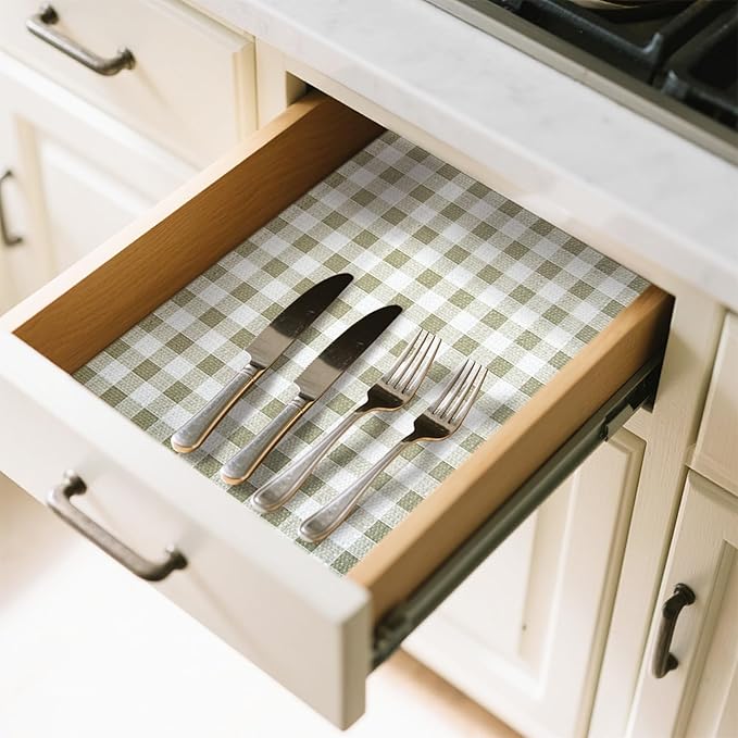Drawer Liner and Shelf Liner for Kitchen Cabinet Liner Non-Adhesive Non-Slip Shelf Paper, Thick Strong Grip Waterproof Easy to Clean for Shelves, Cupboard, Desks, Green Plaid Pattern, 23.6 in x 40 FT