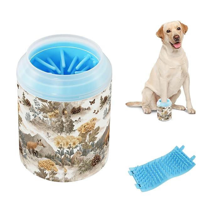 Dog Paw Cleaner Cups for Dogs Pets Foot Washer Paw Scrubber for Medium Small Cats Dogs Cute Cleaning Cup Beige Fox Flowers Mountains Butterflies