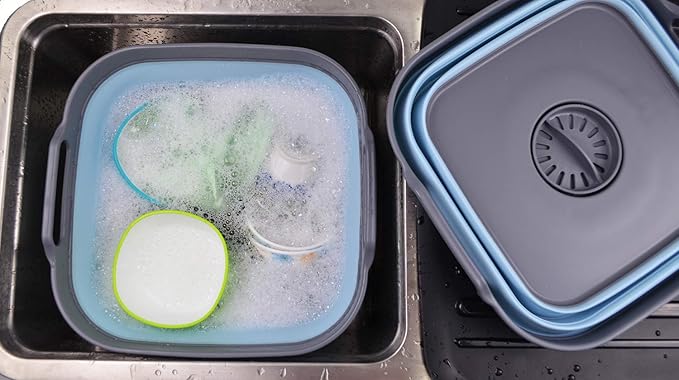 SAMMART 10L (2.64 gallon) Collapsible Dishpan with Draining Plug - Foldable Washing Basin - Portable Dish Washing Tub - Space Saving Kitchen Storage Tray (2, Grey/Sea Angel)