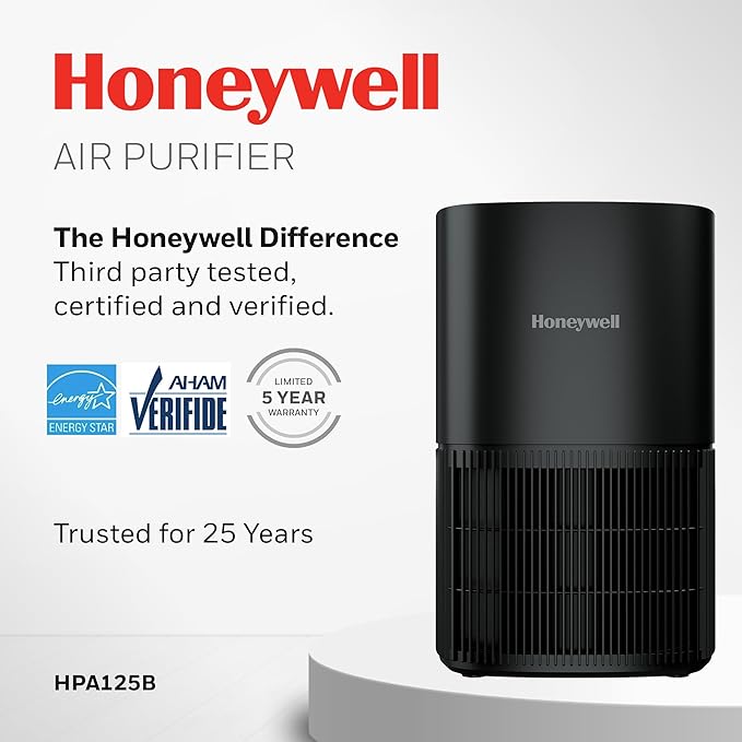 Honeywell AllergenPlus HEPA Air Purifier for Home, 530 Ft² Rooms in 1 hour, 3-in-1 Filter, Compact Design, Auto Mode, Reduces Allergens, Dust, Pollen, Smoke, Pet Dander, Odors, Black, HPA125B