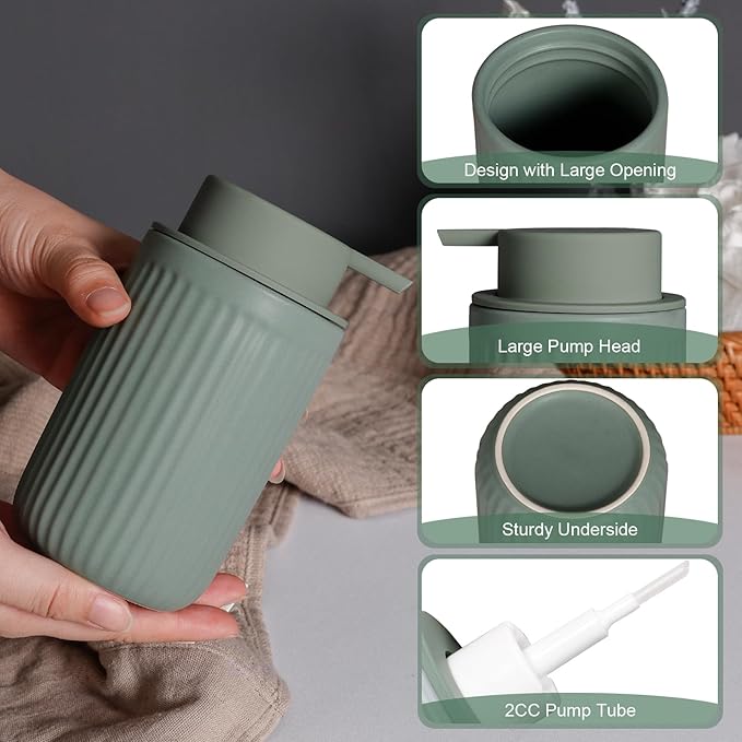 INGOFIN Foaming Soap Dispenser - 12oz Ceramic Foam Hand Soap Dispenser Bathroom, Modern Refillable Dish Dispenser with Pump for Kitchen, Matte Green