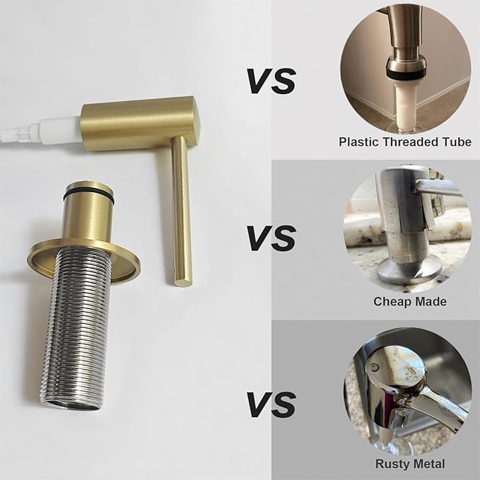 Brushed Gold Built in Dish Soap Dispenser for Kitchen Sink with 17 OZ PET Soap Bottle Refill from The Top, Under Counter Brass Pump Head Liquid Lotion Dispenser, Undermount Copper Pump Head