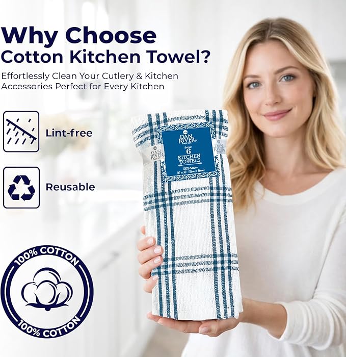 DAN RIVER Premium Kitchen Towels - [Pack of 6] 100% Cotton (16x 26 Inches) -Super Soft,Highly Absorbent, Quick Dry, Dish Towels for Kitchen Towels -Blue Opal