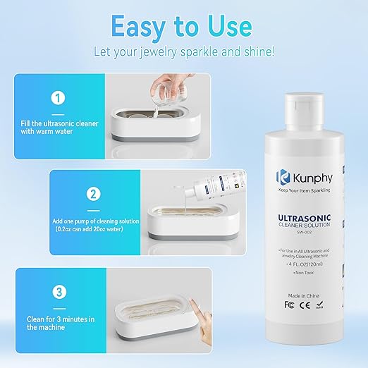 kunphy Jewelry Cleaner Solution -Ultrasonic Cleaner Solution for Gold, Silver, Platinum Diamonds and Non-Porous Precious & Semi-Precious Jewelry 4 oz(120ml)