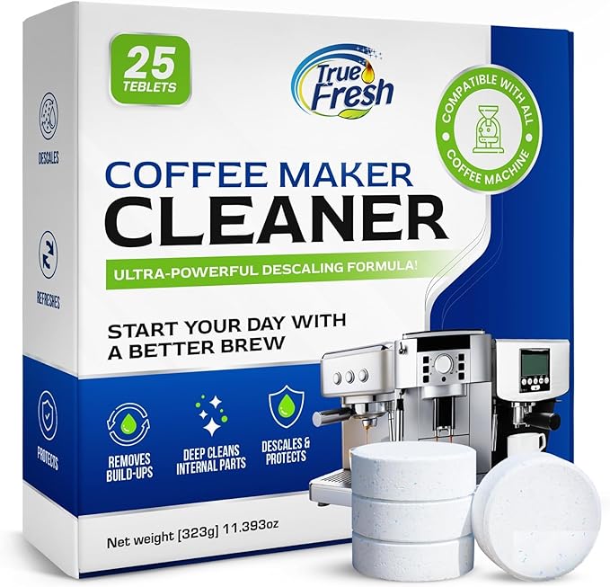 True Fresh Coffee Machine Cleaner & Descaler Tablets 25 Pack - Removes Limescale & Oils, Compatible with Keurig, Nespresso, Breville, Delonghi, Miele - for Espresso & Drip Makers, 1 Year Supply