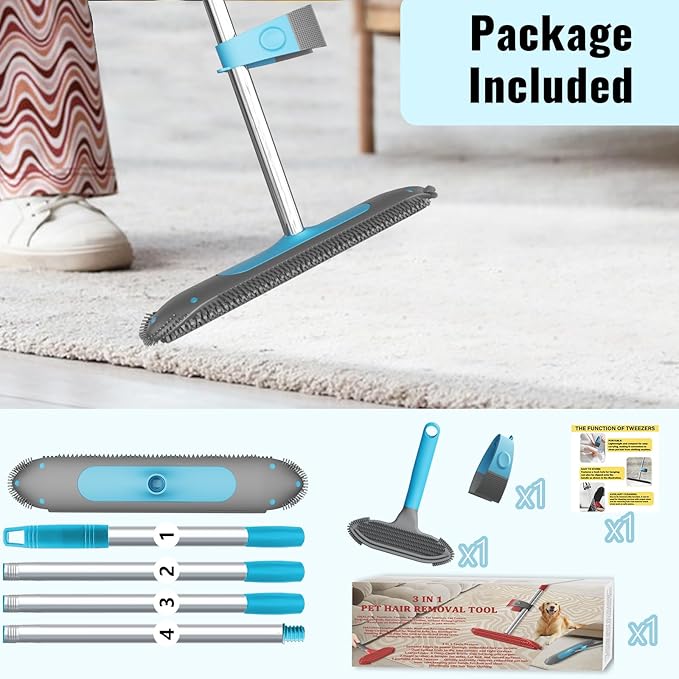 Carpet Rake for Pet Hair Removal Tool, 3 in 1 Carpet Scraper with 59" Adjustable Handle, Silicone Rug Rake for Dog & Cat Hair, Pet Hair Remover for Furniture, Couch, Pet Bed & Car Interior
