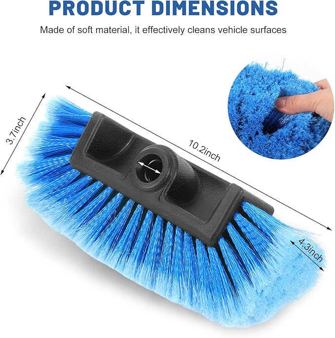 10" Car Wash Brush Head, Flow-Thru Cleaning Brush Head with Soft Detailing Bristles, Scratch Free Washing Scrub Brushes Replacement for 3/4-Inch Threaded Poles, Car Accessories (Blue)