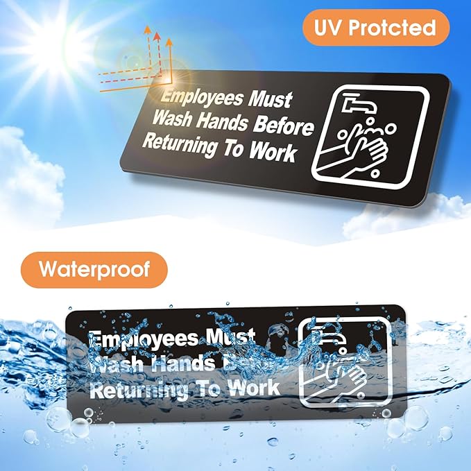 Faittoo Employees Must Wash Hands Before Returning to Work Sign, (8 Pack) 9 x 3 Inch Acrylic Plastic Sign with Symbols, Self-adhesive, for Restaurant, Hotel, Motel, Rest Stops, Public Restrooms