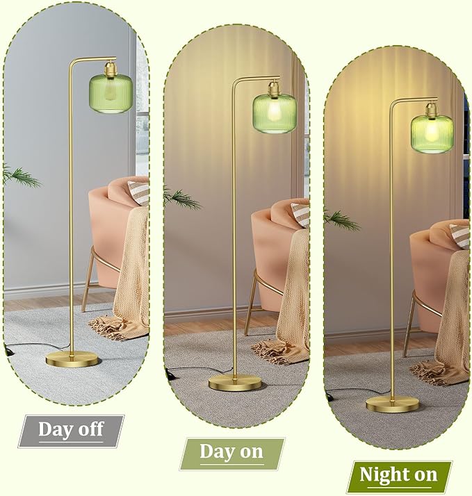 Glass Floor Lamp for Living Room, Modern Standing Lamp with Green Ribbed Glass Lampshade and Pedal Switch, 66” Tall Lamp & Gold Floor Lamp for Bedroom Study Room,Brushed Gold(3000K LED Bulb Included)
