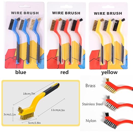 Wire Brush Set for Rust, Paint & Detail Cleaning – 6-Piece Brass, Stainless Steel & Nylon Brushes with Curved Handle for Tight Spaces, Metal, Tile & Household Use