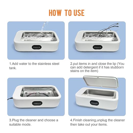 MTWML Ultrasonic Glasses Cleaning Machine,49Khz 22Oz Jewelry Clean Machine with 3 Modes Timer for Ring Earring Dentures Necklaces Watch Strap Keycap Earrings 304 Stainless Steel Tank(640ML)