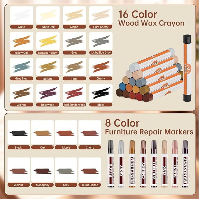 A-HEYIDA Wood Filler Putty Sticks -16 Colors Wax Crayons & 8 Furniture Marker Touch-Up Pens for Wood Floors & Cabinet Scratches, Cracks and Nail Holes - Laminate Floor Repair Kit
