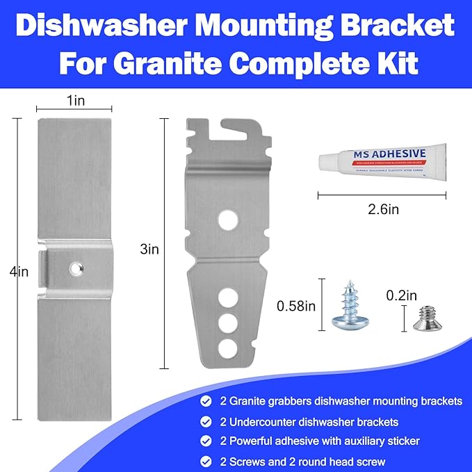 Granite Counter Dishwasher Mounting Kit Fit For Most Brand Dishwashers WP8269145 AP6012289 PS11745496, Dishwasher Mounting Brackets For Solid Surfaces, Kit Includes Bracket, Glues And Screws -2 Packs