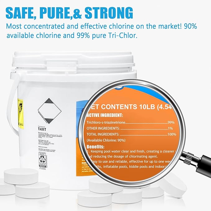 TABIT 3 Inch Chlorine Tablets for Swimming Pool - Slow Dissolving & Long Lasting - Kills Bacteria & Stops Algae - 90% Available Chlorine - Tri-Chlor - 10 Pounds - 2 Pack