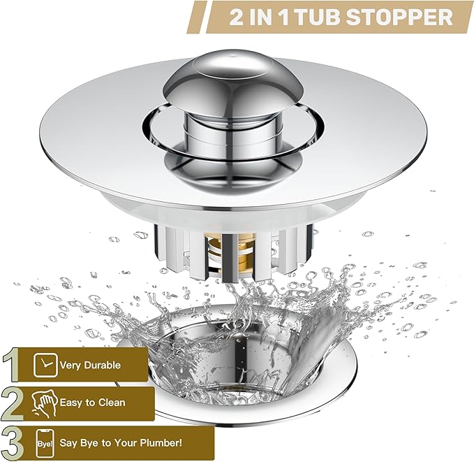 Kitchen Sink Drain Strainer 3 in 1, 304 Stainless Steel Pop Up Sink Stopper, Anti-Clogging Drain Stopper, Strainers for Kitchen, Drain Cover & Kitchen Accessories for US Standard Sink (Shiny Chrome)