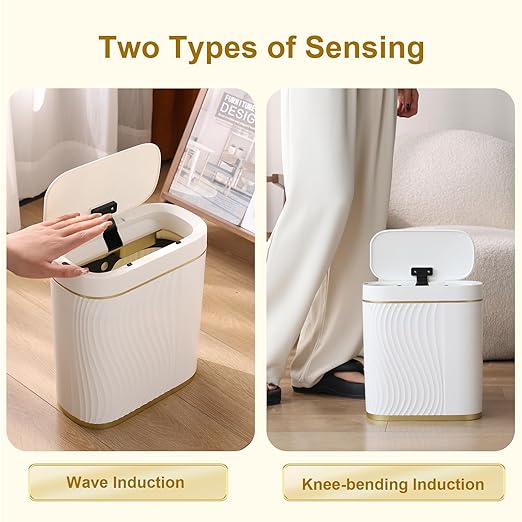 Bathroom Trash Cans with Lid 2 Gallon Automatic Trash Can, Small Motion Sensor Garbage Can, Slim Smart Trash Bin, Waterproof Plastic Garbage Bin for Bathroom, Bedroom, Living Room, Golden