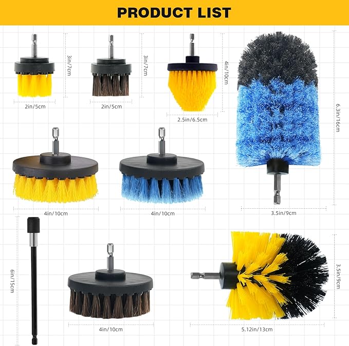9 Pcs Drill Brush Attachments Set Hard and Soft Bristles Horsehair Brush Cleaning Kit for Home Bathroom Car Kitchen Corners Sink Stubborn Stains Tiles