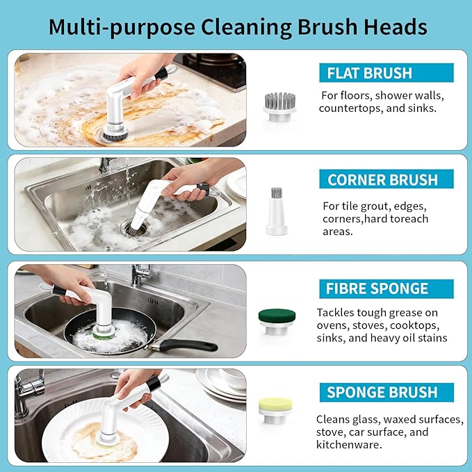 Electric Spin Scrubber, Cordless Cleaning Brush，IPX7 Waterproof Bathroom Scrubber with Adjustable Extension Handle & Battery Level Display for Bathroom Kitchen Car (ECB-S3)
