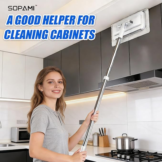 SOPAMI Sweep & Mop Kit Durable Cleaning Tool for Hardwood, Tile, Marble & Laminate Floors,Pet Hair Removal, Home, Kitchen Cleaning Essentials (2 Reusable Cleaning Pads&1pcs Disposable Dry Cloths
