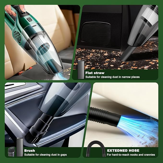 Car Vacuum Cleaner – 9000PA High Power Suction, DC 12V Portable Handheld Auto Vacuum with Attachments, Mini Car Interior Cleaner for Pet Hair, Dust, Crumbs, and Debris (Emerald Green)