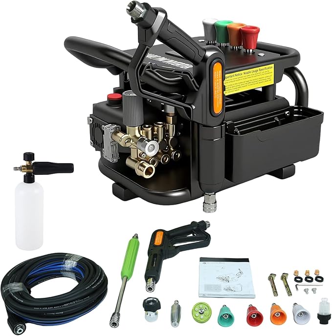 YOKING Pressure Washer, Max 150 bar, 12L/min, PM Inverter 3HP Motor,Horizontal Triplex Pump,60dB Quiet,with 7 Nozzles, Power Washer for Patios, Decks, & Sidewalks