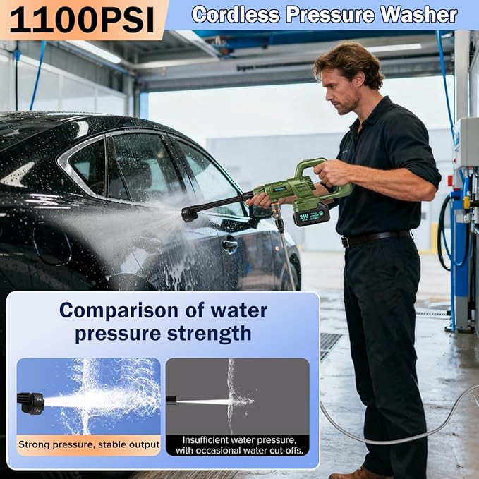 Cordless Pressure Washer Battery Powered;1100PSI Portable Cordless Power Washer,with Brushless Motor,2 Packs Battery&Charger,6-in-1 Nozzle,Foam Cannon,3 Power Level; Pressure Washer for Home,Car,Yard