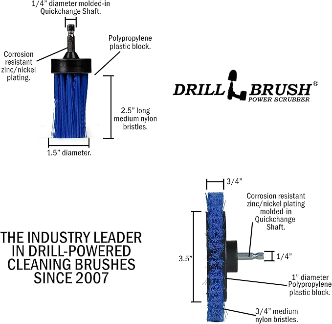 Drillbrush Boat Detailing Kit for Cordless Drill - Power Swimming Pool Tile Cleaner Brush Set - Crevice Cleaning Brush for Electric Drill - Small Power Scrubber for Grout - Spin Scrubber Attachment