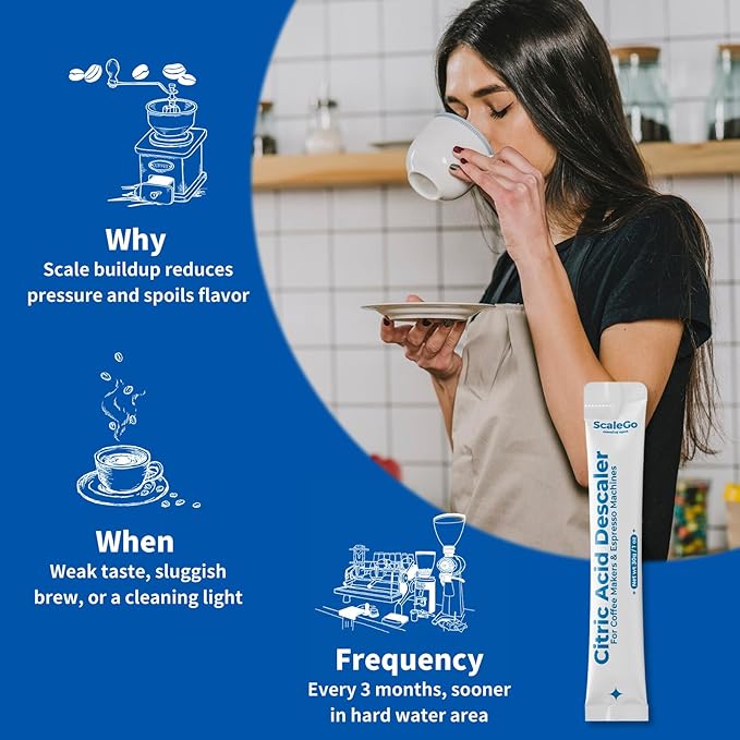 Coffee Machine Cleaner & Descaler | Citric Acid Descaling Powder | Pre-measured Package for Mess-Free Use & Storage | Removes Limescale | Compatible with Keurig, Nespresso, Breville | 4 Uses