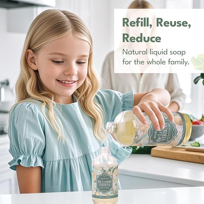 ROMIIE ZOI Hand Soap Gift Set, 750ml Refill + 236ml Liquid Soap, Cruelty-Free, Moisturizing Formula with Essential Oils For Sensitive Skin, Lemon Verbena Scent, For Kitchen & Bathroom