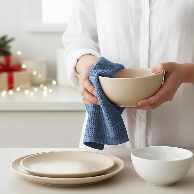 PurpleEssences Waffle Weave Kitchen Towel, 100% Cotton, 15x25 Inch, with Hanging Loop Ultra Soft Absorbent Quick Drying Dish Cloth, Tea and Hand Towels, 4 Pack - Christmas Holiday Winter - Smoky Grey