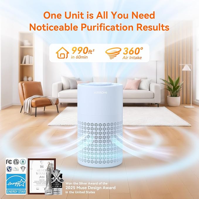 AIRROMI Air Purifier for Bedroom with HEPA 3-in-1 Filter, Pet Air Purifier for Home Cat Pee Smell, Covers Upto 990 Ft², Quiet 360° intake Air Cleaner for pet hair,allergies,Dust,Smoke A2001 Blue