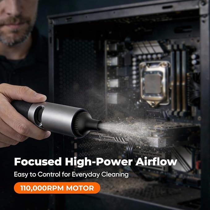 Cordless Compressed Air Duster, High Power, Metal Body, Hold-to-Turbo, 4 Speeds, for Computer, Keyboard & Car Cleaning, Outdoor Use