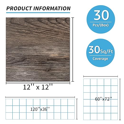 Art3d Peel and Stick Vinyl Floor Tiles 30-Pack 12 x 12 inch, Self Adhesive Waterproof Flooring Wood Planks for Kitchen, Dining Room, Bedrooms, Cover 30 Sq. Ft, Dark Brown Oak