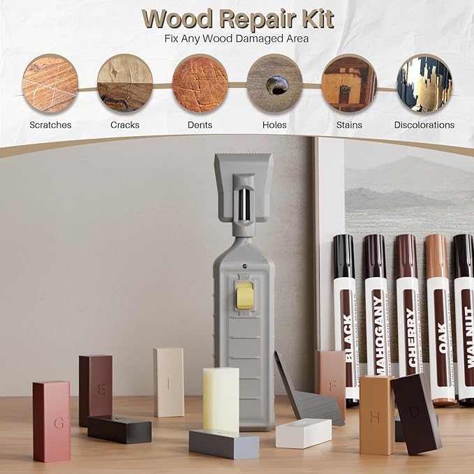 Hardwood Floor Repair Kit with Heat Pen, Laminate Vinyl Floor Repair Kit, 11 Colors Linoleum Floor Hard Wax Furniture Touch Up Marker Pen Scratches Repair Remover for Cracks,Holes,Door,Table,Cabinet