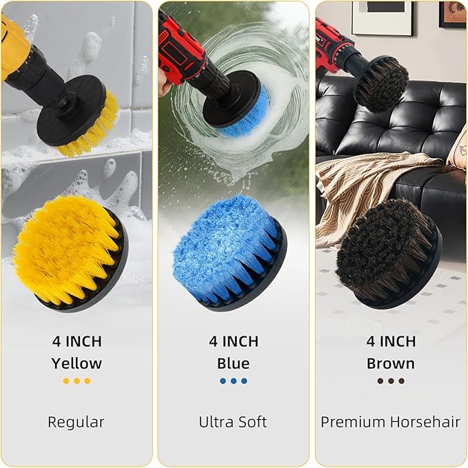 15 Pcs Drill Brush Attachments Set Hard and Soft Bristles Horsehair Brush Cleaning Kit Scrub Sponge Polishing Pads for Home Bathroom Car Kitchen Corners Sink Stubborn Stains Tiles