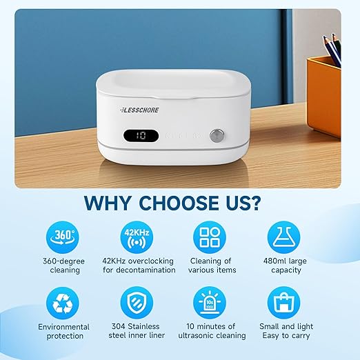 LessChore® Ultrasonic Jewelry Cleaner with Polishing Cloth & Degas, Portable Household Sonic Cleaner. Ideal for Daily Cleaning of Rings, Earrings, Necklaces, Glasses & More. Gift for Women, Mom, Wife