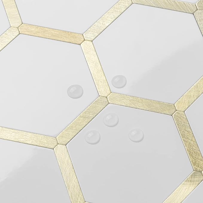DICOFUN 10-Sheet Hexagon Peel and Stick Backsplash Tile, Polished White Tile Look Mixed Light Gold Kitchen Backsplash Peel and Stick Wall Tiles