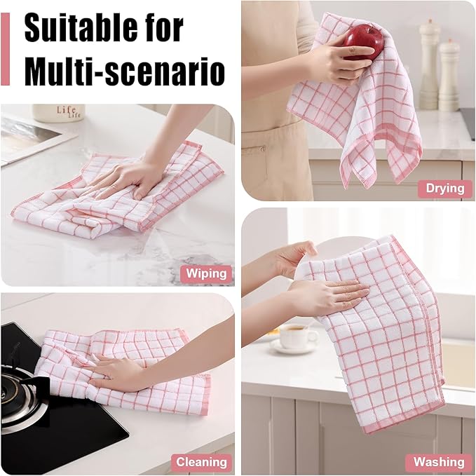 Homaxy Premium Kitchen Towels(16”x 28”, 6 Pack), Large Ring Spun Cotton Dish Towels, Super Absorbent Soft Terry Kitchen Hand Towels, Check Design Tea Towel Set with Hanging Loop, Pink