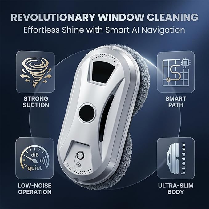Automatic Smart Window Cleaning Robot, 90W Robot Window Cleaner with Dual Spinning Pads, AI Smart Path, Smart Spray, Remote Control, 20-Min Backup Power for Glass, Mirrors & Smooth Tile