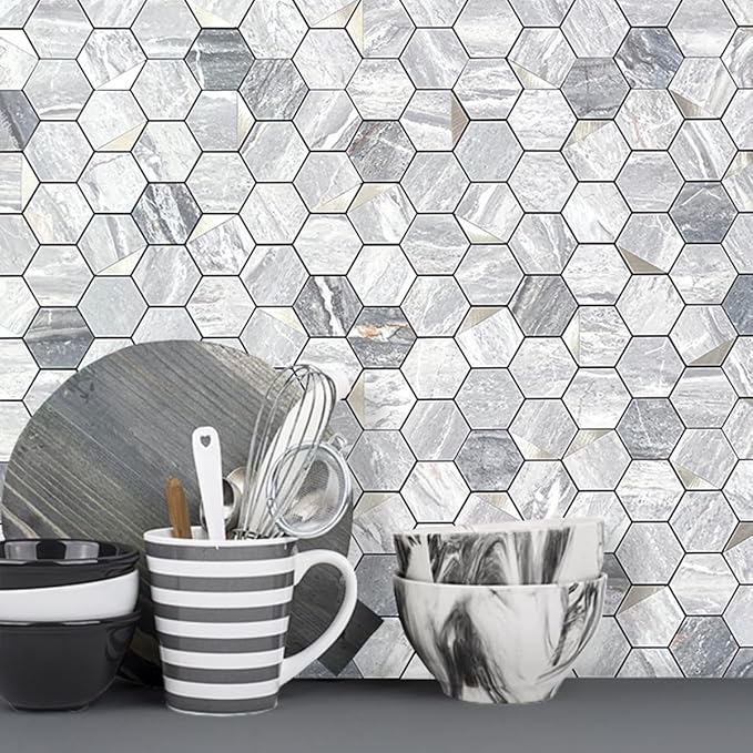 DICOFUN Hexagon Tile Peel and Stick Backsplash, Grey Marble Look PVC Mixed Silver Metal Mosaic Tiles, Pack of 1