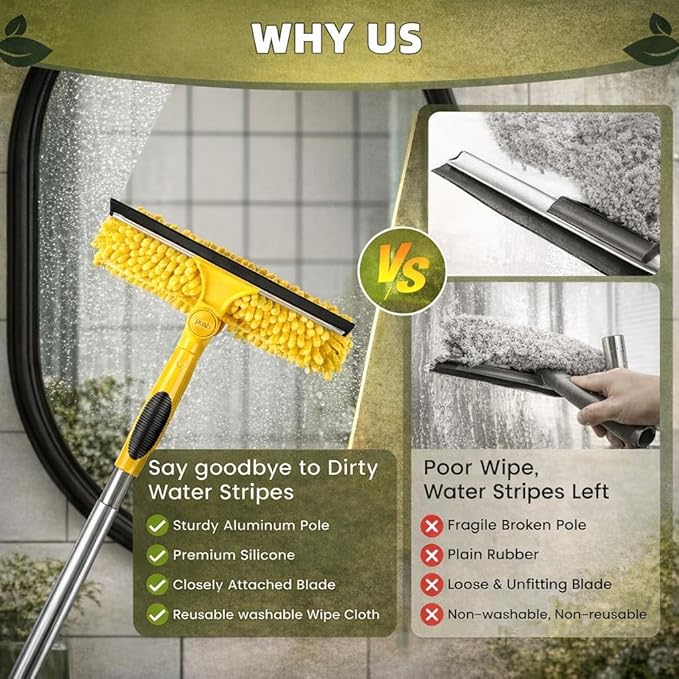 150'' Long Reach Window Squeegee with Telescoping Extension Pole, 2-in-1 Indoor/Outdoor Cleaning Tool with 270° Rotatable Head, Lightweight Alloy Aluminum Pole for Shower Door, Mirror, Car Windshield