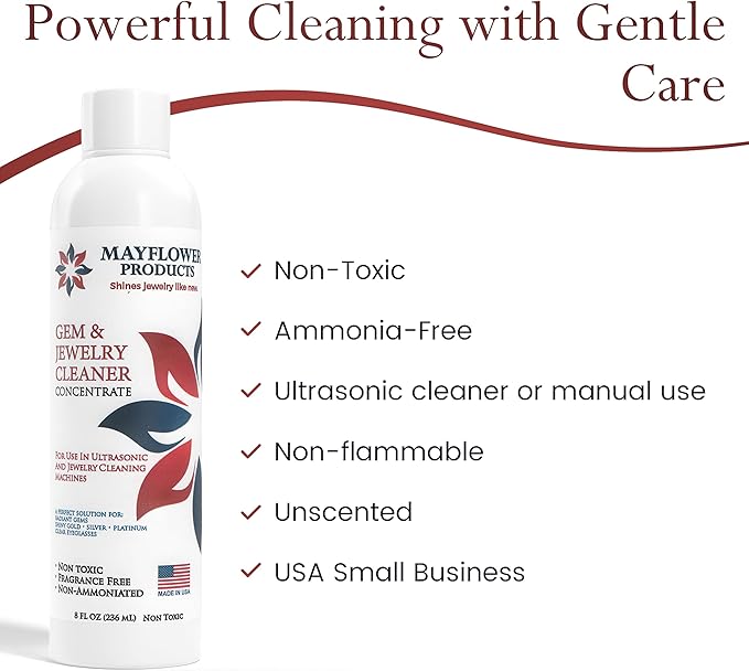 Mayflower Jewelry Cleaner for Ultrasonic Machine Made in USA Non Toxic Tarnish Remover Solution Concentrate for Cleaning Gems Diamond Rings Silver Gold and Platinum. Cleans Eyeglasses (8 oz)